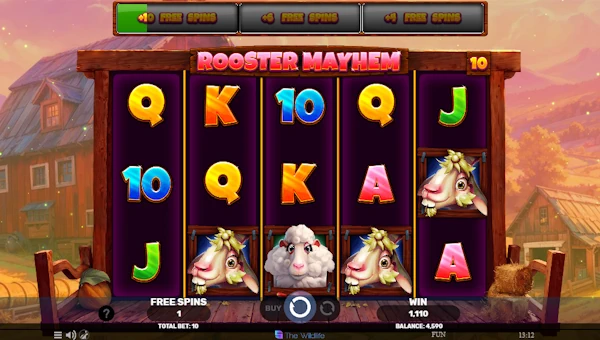Screenshot of Rooster Mayhem slot demo showing reels and bonus game features