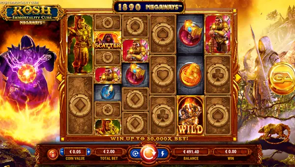 Rosh Immortality Cube Megaways base game screenshot showing reels and features