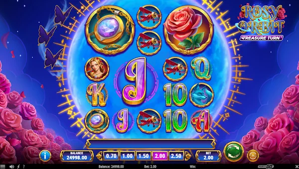 Rosy Orbit Treasure Turn base game screenshot showing reels and features