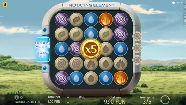 Screenshot of Rotating Element slot demo showing reels and bonus game features