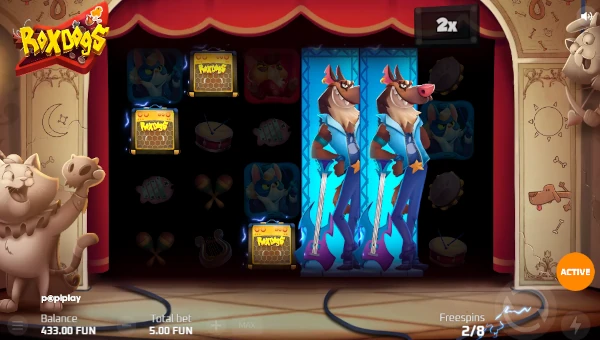 Screenshot of RoxDogs slot demo showing reels and bonus game features