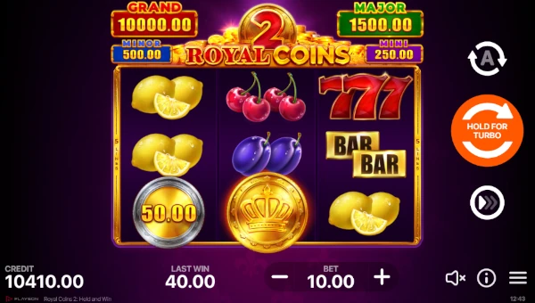 Royal Coins 2 Hold and Win base game screenshot showing reels and features
