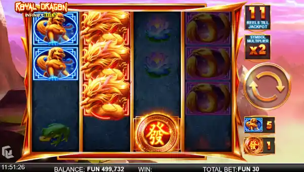 Royal Dragon Infinity Reels base game screenshot showing reels and features