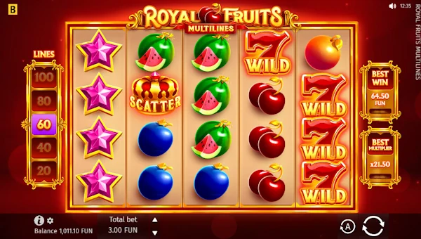 Royal Fruits Multilines base game screenshot showing reels and features