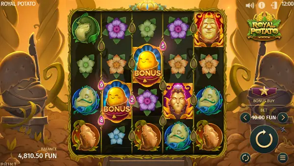 Royal Potato base game screenshot showing reels and features