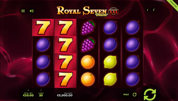 Royal Seven XXL Deluxe base game screenshot showing reels and features