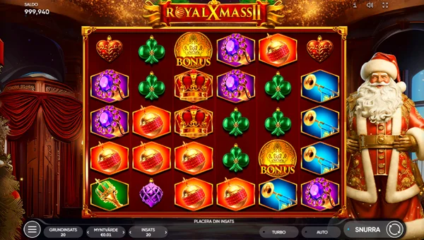 Royal Xmass 2 base game screenshot showing reels and features
