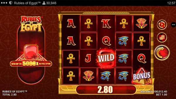 Rubies of Egypt base game screenshot showing reels and features