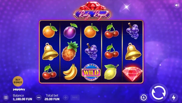Ruby Royal base game screenshot showing reels and features