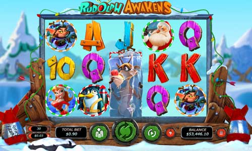 Rudolph Awakens base game screenshot showing reels and features