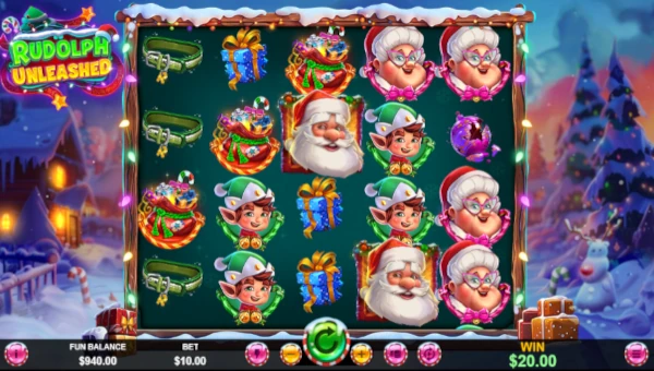 Rudolph Unleashed base game screenshot showing reels and features