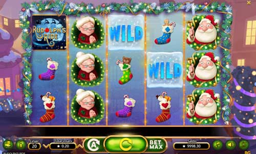 Rudolphs Ride base game screenshot showing reels and features
