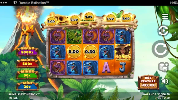 Rumble Extinction base game screenshot showing reels and features