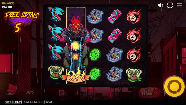 Screenshot of Rumble Mutts slot demo showing reels and bonus game features