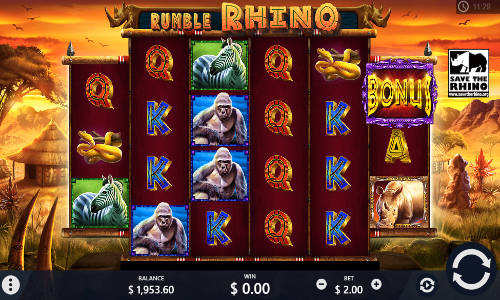 Rumble Rhino base game screenshot showing reels and features