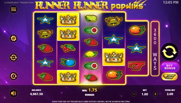 Runner Runner Popwins base game screenshot showing reels and features
