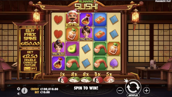 Running Sushi base game screenshot showing reels and features