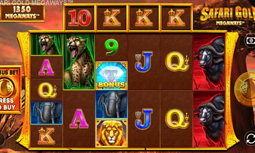 Safari Gold Megaways base game screenshot showing reels and features