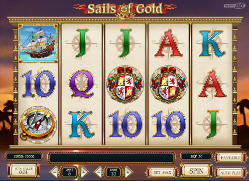 Sails of Gold base game screenshot showing reels and features