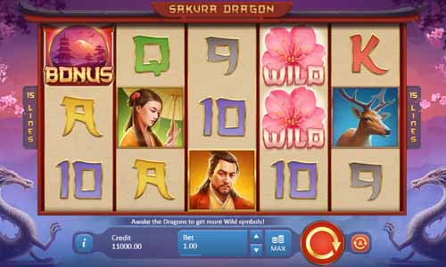 Sakura Dragon base game screenshot showing reels and features