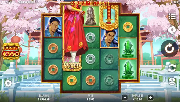 Sakura Fortune 2 base game screenshot showing reels and features