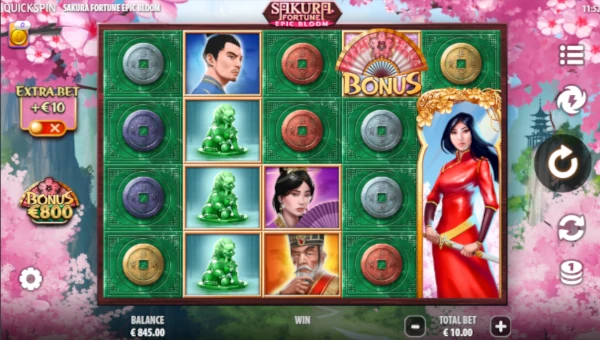 Sakura Fortune Epic Bloom base game screenshot showing reels and features