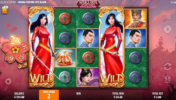Screenshot of Sakura Fortune Epic Bloom slot demo showing reels and bonus game features