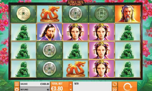 Sakura Fortune base game screenshot showing reels and features