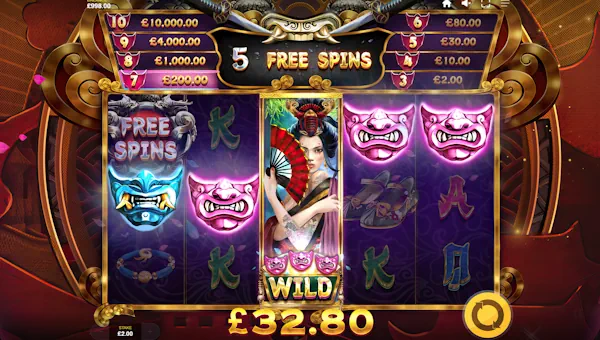 Sakura Masks base game screenshot showing reels and features