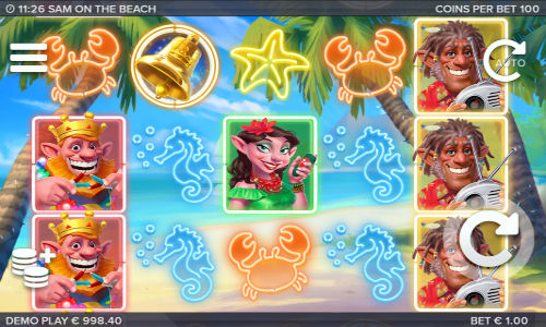 Sam on the Beach base game screenshot showing reels and features