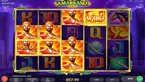 Samarkands Gold base game screenshot showing reels and features