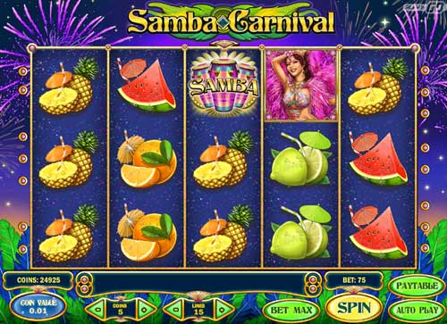 Samba Carnival base game screenshot showing reels and features
