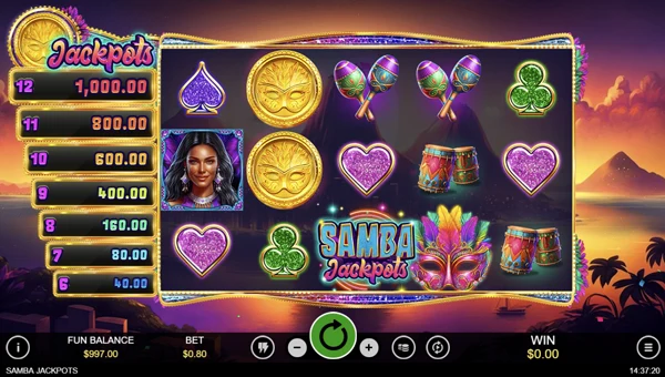 Samba Jackpots base game screenshot showing reels and features