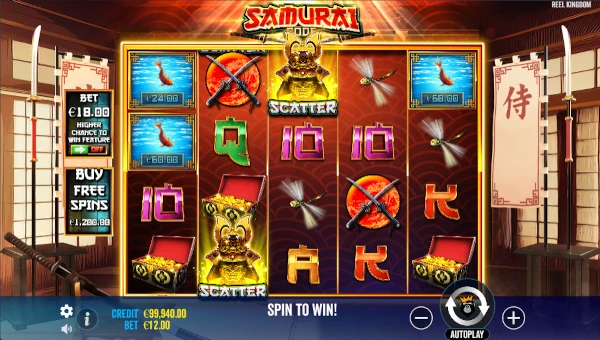 Samurai Code base game screenshot showing reels and features