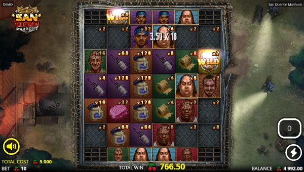 Screenshot of San Quentin Manhunt slot demo showing reels and bonus game features