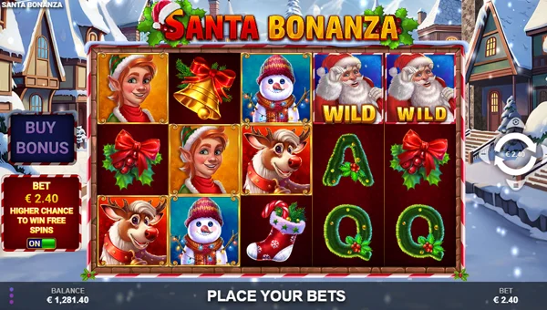 Santa Bonanza base game screenshot showing reels and features
