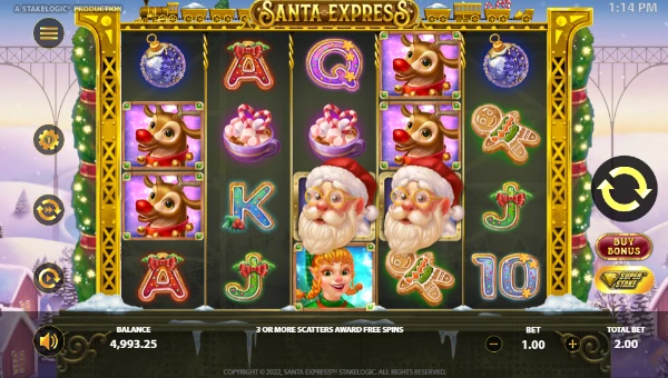 Santa Express base game screenshot showing reels and features