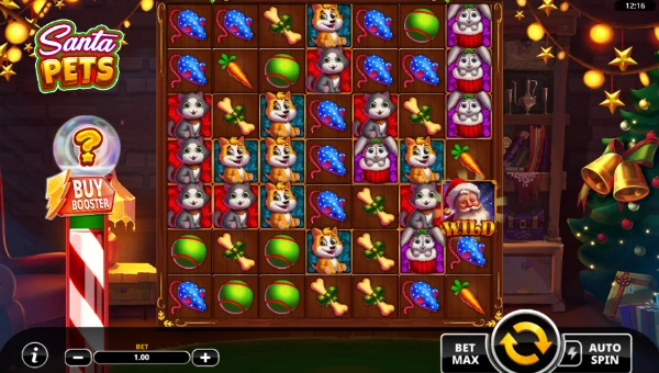Santa Pets base game screenshot showing reels and features