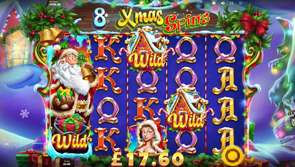 Santa Spins base game screenshot showing reels and features