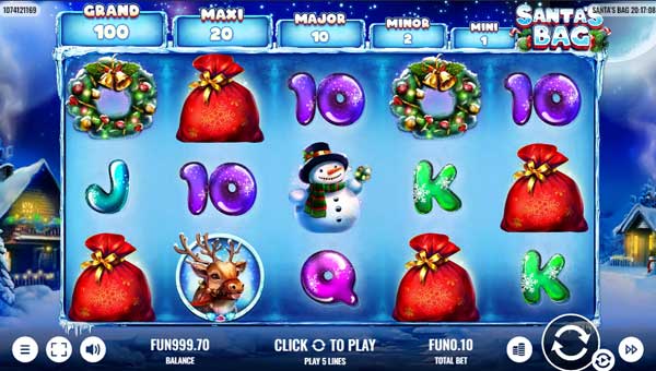 Santas Bag base game screenshot showing reels and features