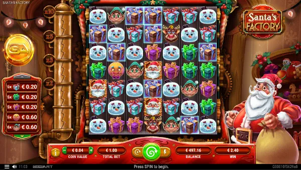 Santas Factory base game screenshot showing reels and features