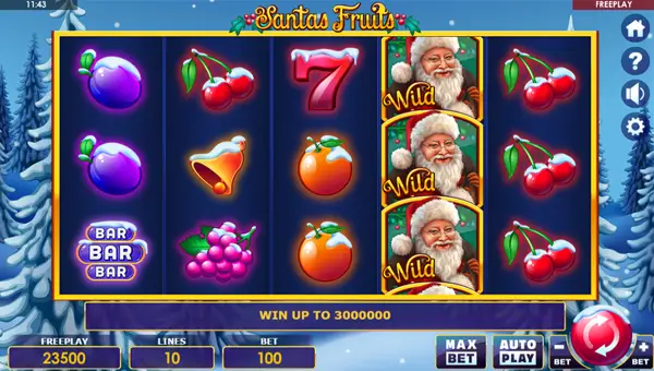 Santas Fruits base game screenshot showing reels and features