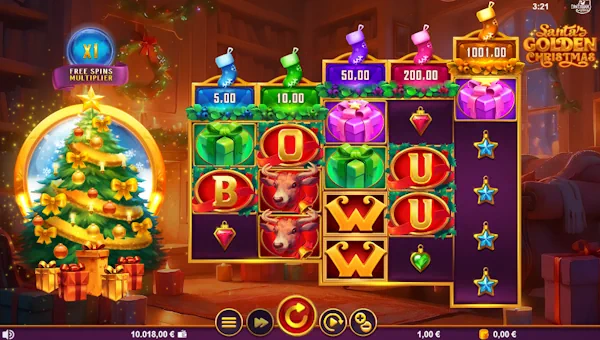 Santas Golden Christmas base game screenshot showing reels and features
