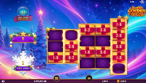 Screenshot of Santas Golden Christmas slot demo showing reels and bonus game features