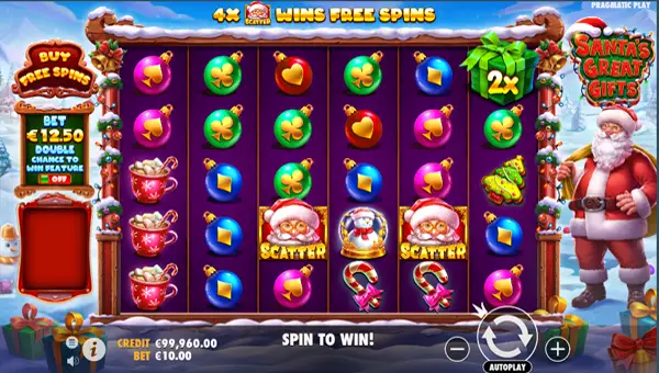 Santas Great Gifts base game screenshot showing reels and features