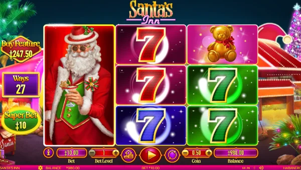Santas Inn base game screenshot showing reels and features