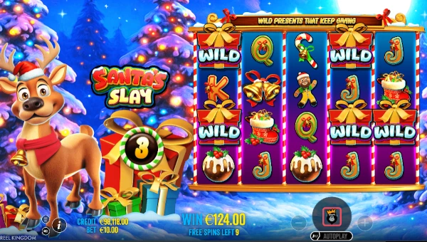 Screenshot of Santas Slay slot demo showing reels and bonus game features