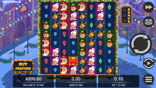 Santas Stack base game screenshot showing reels and features