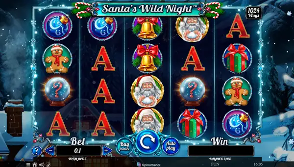Santas Wild Night base game screenshot showing reels and features