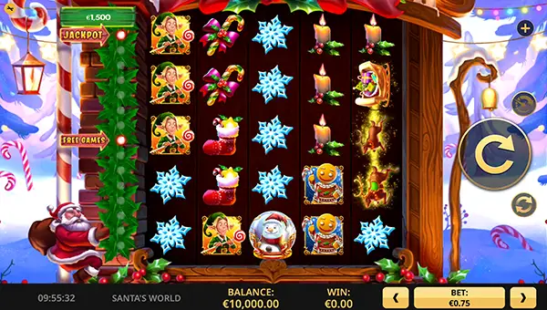 Santas World base game screenshot showing reels and features